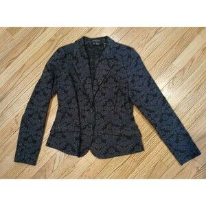 Liz Claiborne Floral Blazer Jacket Cotton Blend Buttons Pockets Charcoal Office